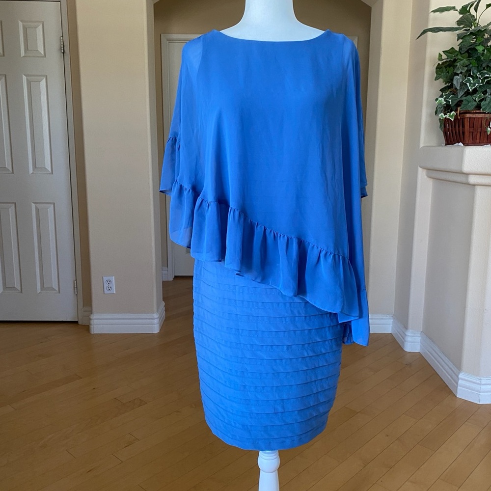 Adrianna Papell Chiffon Overlay Shutter Pleat Midi Asymmetrical Blue Dress